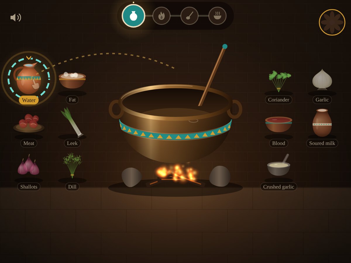 A firelit Elamite kitchen with a bronze pot and the ingredients of Elamite broth