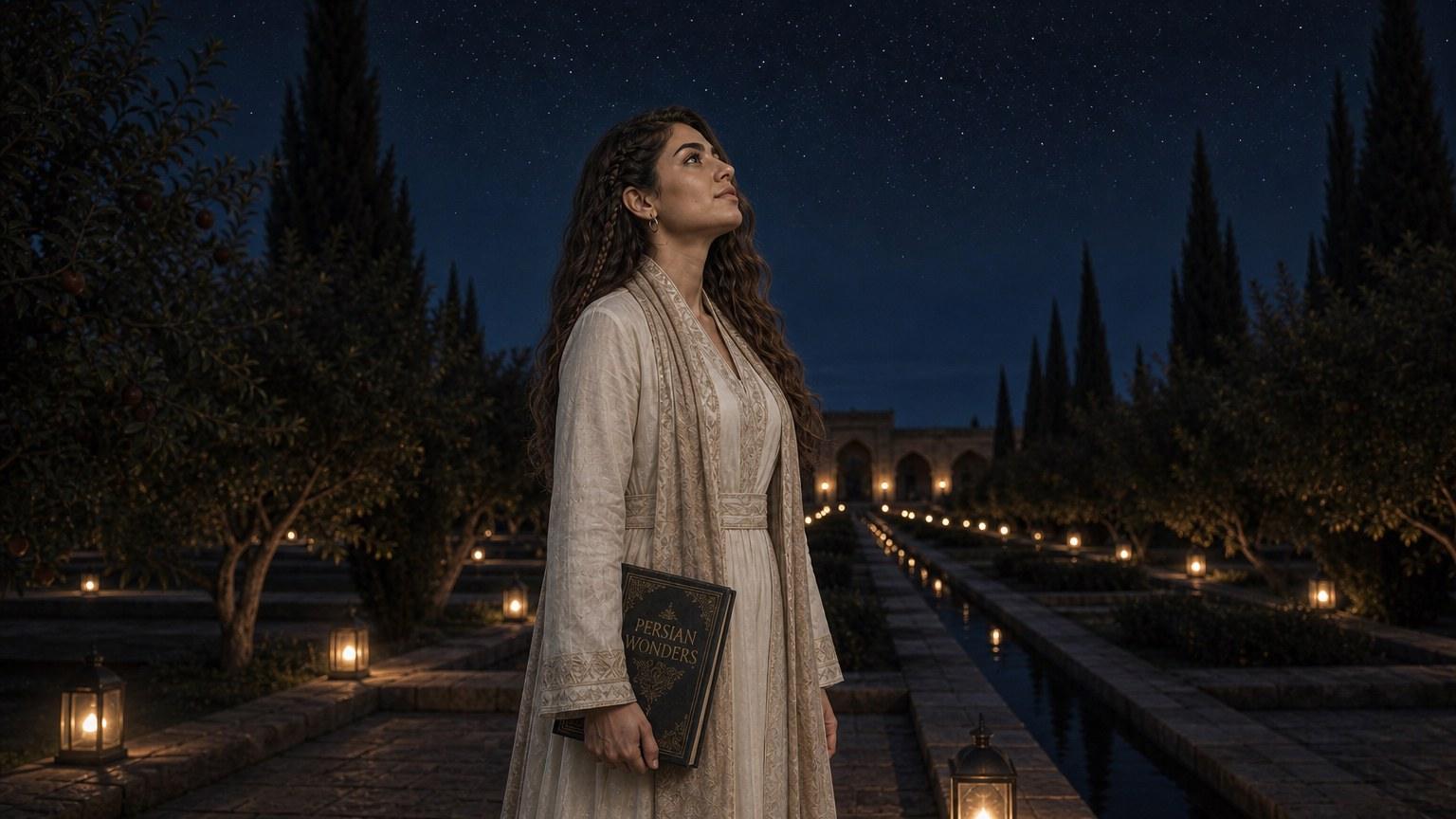 Eli stands in a lantern-lit Persian garden at night, looking up at the stars and holding a book titled Persian Wonders.