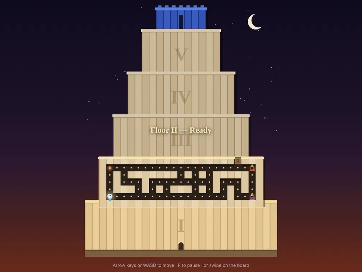 Escape From Elam game: a ziggurat maze under a starry sky