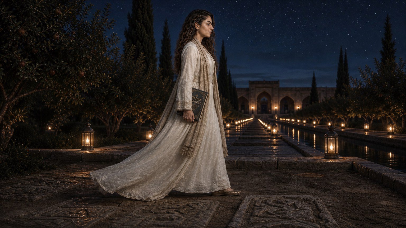 A woman walking through a lantern-lit Persian garden at night, holding a book titled Persian Wonders, under a starry sky.